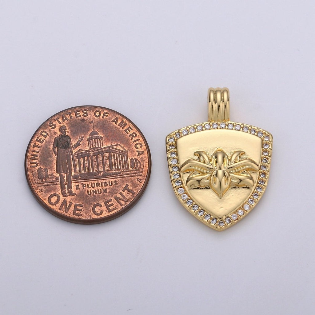 Dainty 14k Gold plated Shield Charm, Cz Shield pendant, Micro Pave Lotus Pendant Protection Jewelry Supply I-935 - DLUXCA