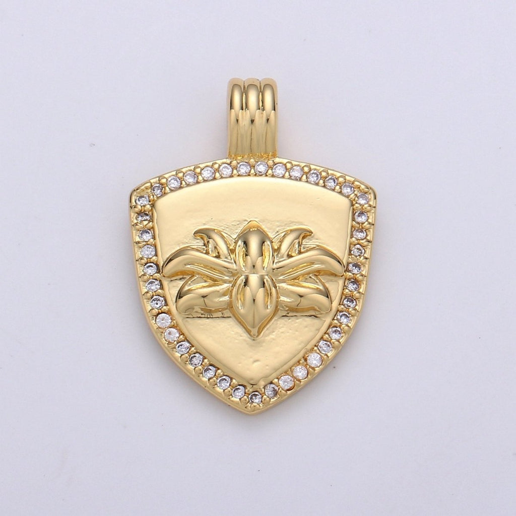 Dainty 14k Gold plated Shield Charm, Cz Shield pendant, Micro Pave Lotus Pendant Protection Jewelry Supply I-935 - DLUXCA