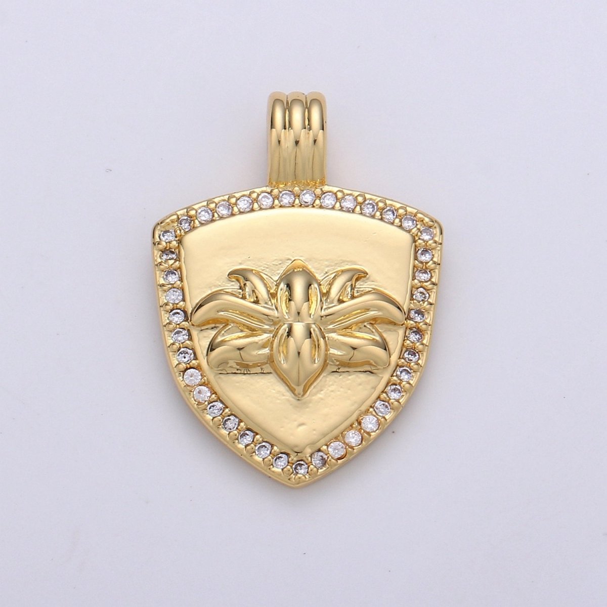 Dainty 14k Gold plated Shield Charm, Cz Shield pendant, Micro Pave Lotus Pendant Protection Jewelry Supply I-935 - DLUXCA