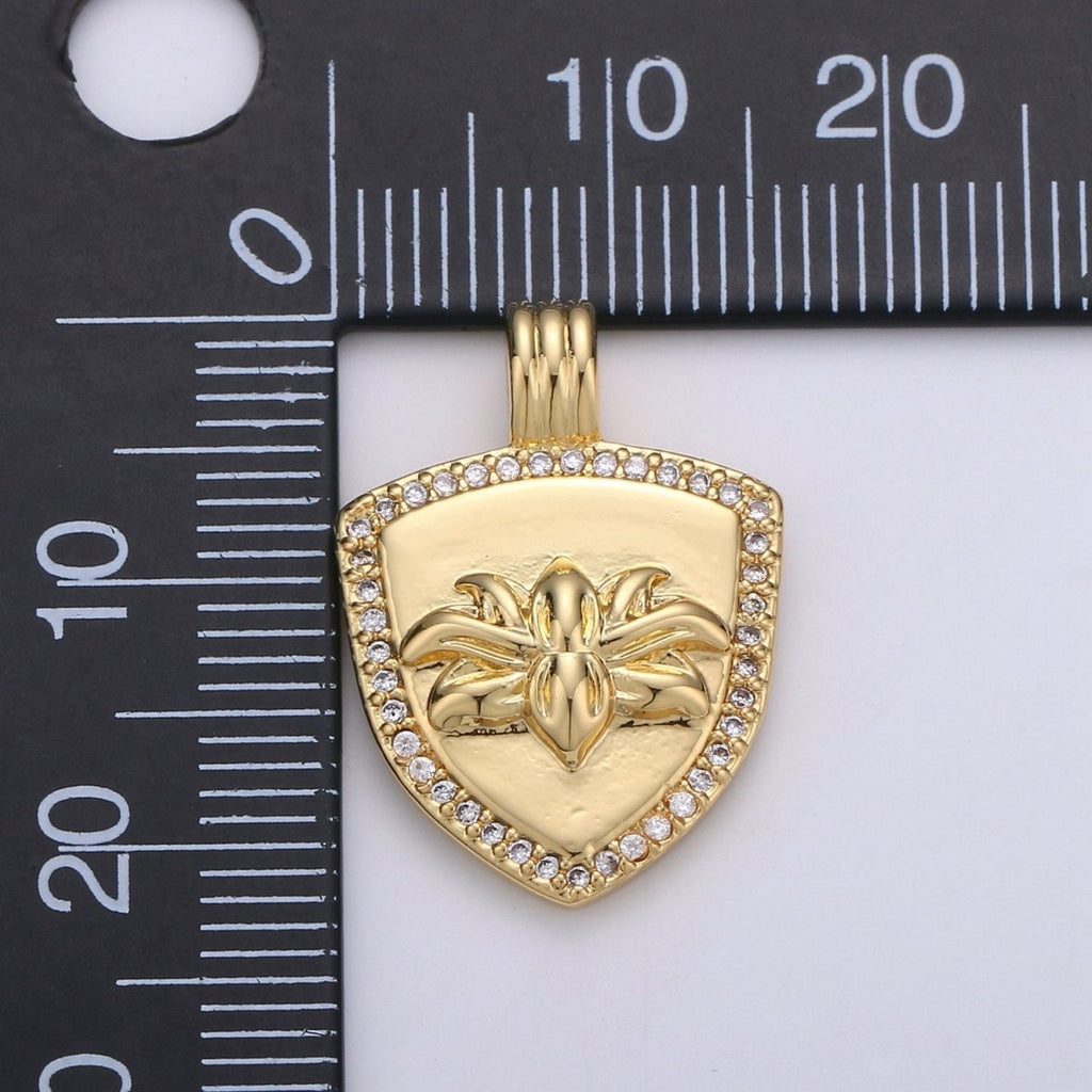 Dainty 14k Gold plated Shield Charm, Cz Shield pendant, Micro Pave Lotus Pendant Protection Jewelry Supply I-935 - DLUXCA
