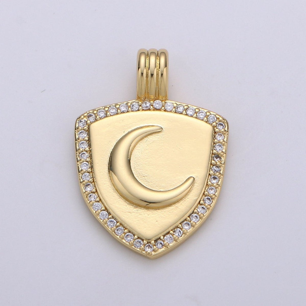 Dainty 14k Gold plated Shield Charm, Cz Shield pendant, Micro Pave Moon Pendant Protection Jewelry Supply I-934 - DLUXCA