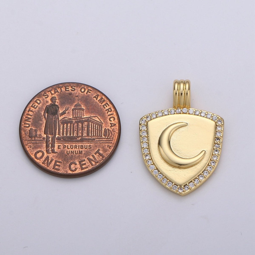 Dainty 14k Gold plated Shield Charm, Cz Shield pendant, Micro Pave Moon Pendant Protection Jewelry Supply I-934 - DLUXCA