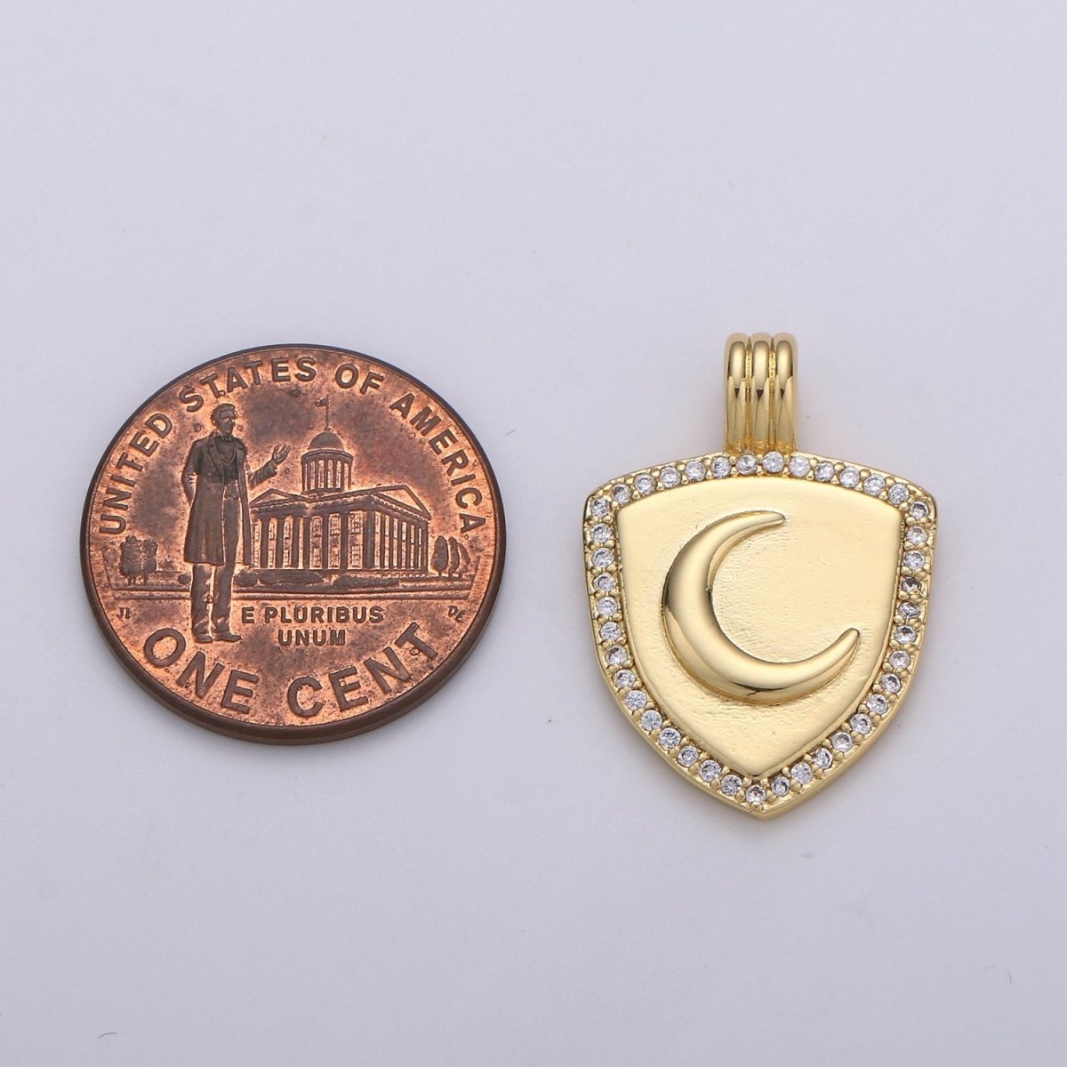 Dainty 14k Gold plated Shield Charm, Cz Shield pendant, Micro Pave Moon Pendant Protection Jewelry Supply I-934 - DLUXCA