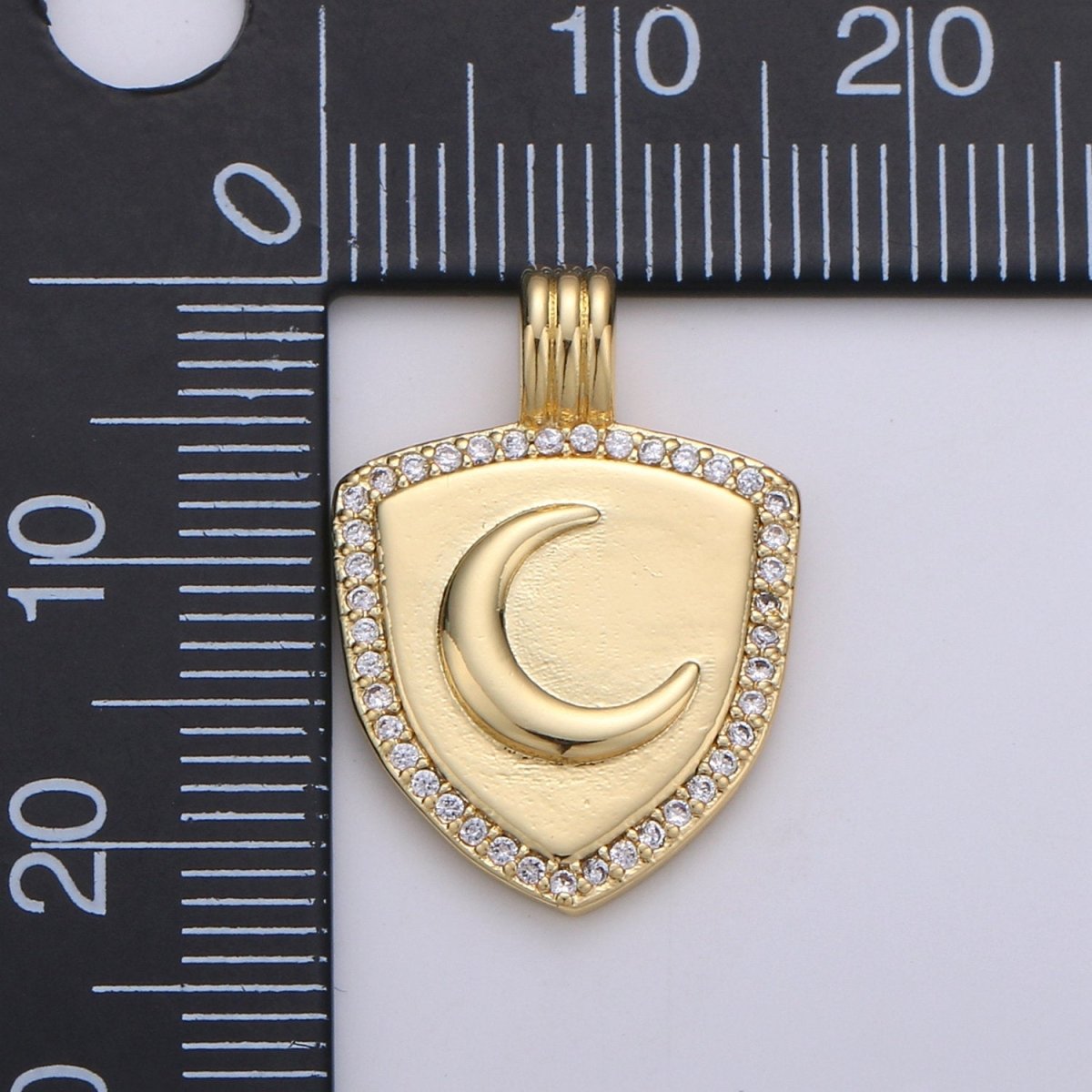 Dainty 14k Gold plated Shield Charm, Cz Shield pendant, Micro Pave Moon Pendant Protection Jewelry Supply I-934 - DLUXCA