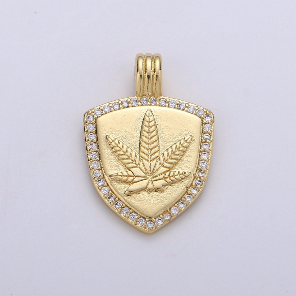 Dainty 14k Gold plated Shield Charm, Cz Shield pendant, Micro Pave Weed Pendant Protection Jewelry Supply I-931 - DLUXCA
