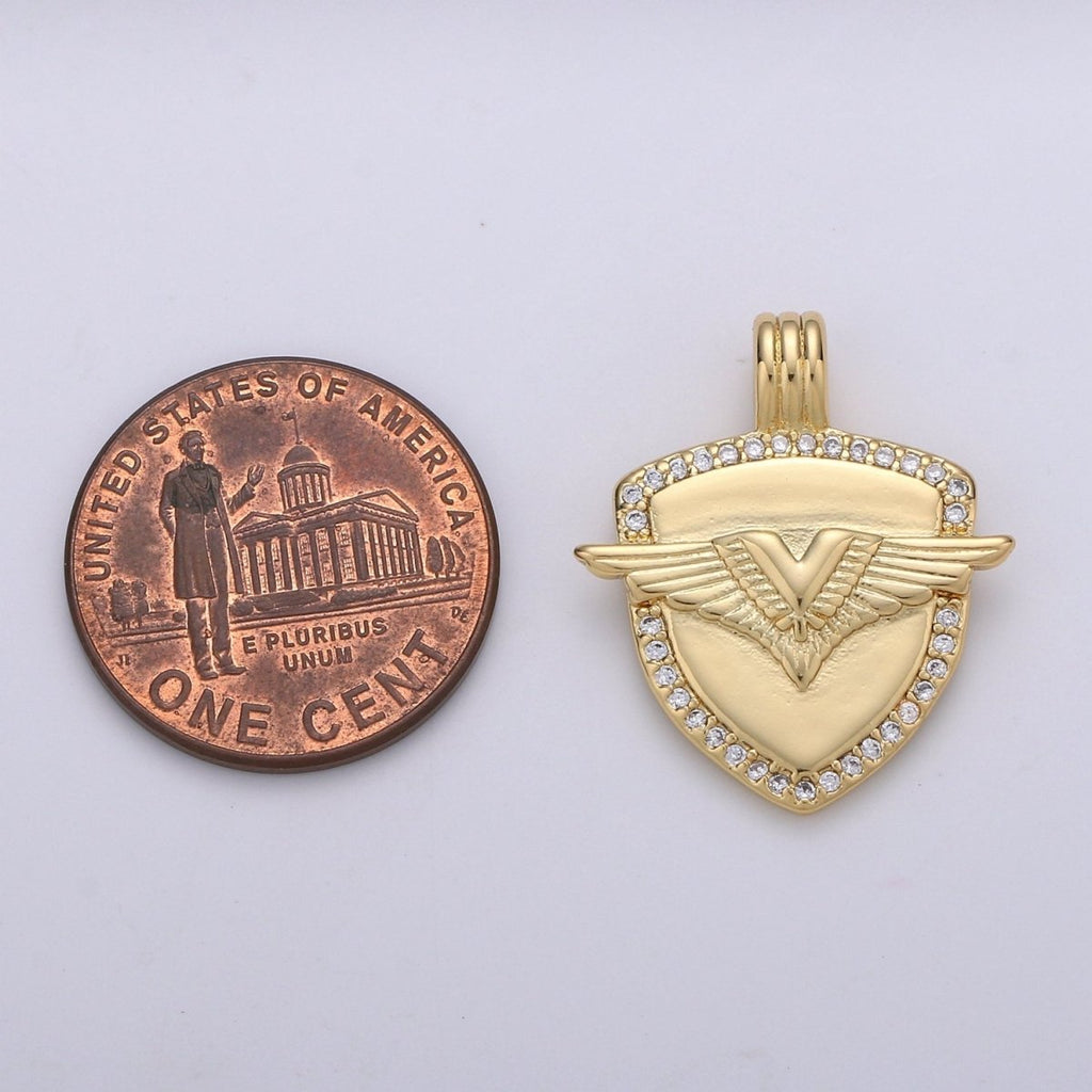 Dainty 14k Gold plated Shield Charm, Cz Shield pendant, Micro Pave Wing Pendant Protection Jewelry Supply I-930 - DLUXCA