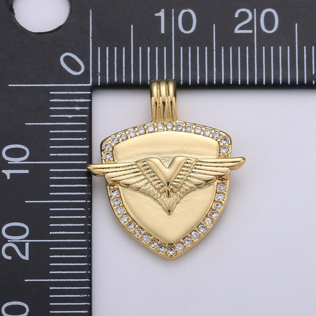 Dainty 14k Gold plated Shield Charm, Cz Shield pendant, Micro Pave Wing Pendant Protection Jewelry Supply I-930 - DLUXCA