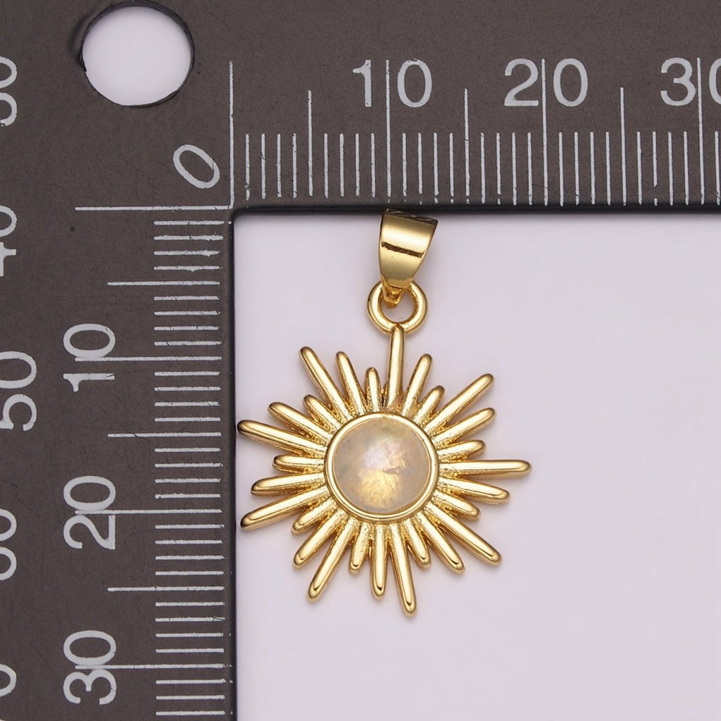 Dainty 14k Gold plated Sun Burst Charm Moonstone Round SunBurst Medallion Pendant Gold Sun Celestial Jewelry N-1452 - DLUXCA