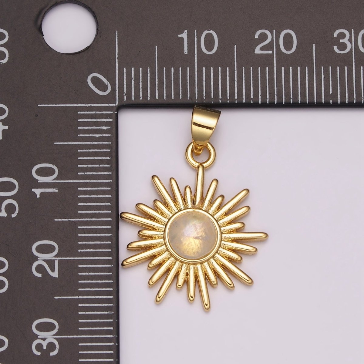 Dainty 14k Gold plated Sun Burst Charm Moonstone Round SunBurst Medallion Pendant Gold Sun Celestial Jewelry N-1452 - DLUXCA