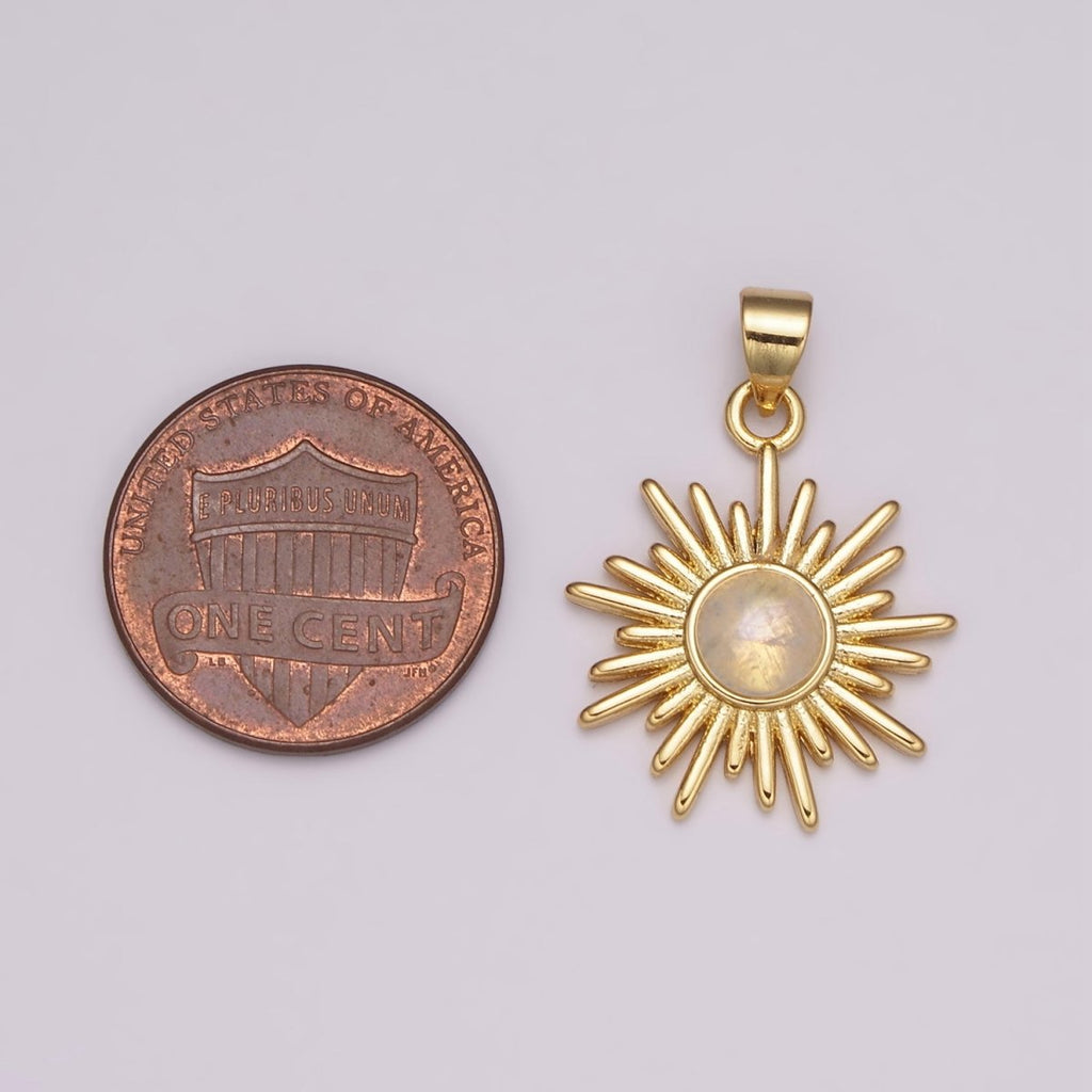 Dainty 14k Gold plated Sun Burst Charm Moonstone Round SunBurst Medallion Pendant Gold Sun Celestial Jewelry N-1452 - DLUXCA