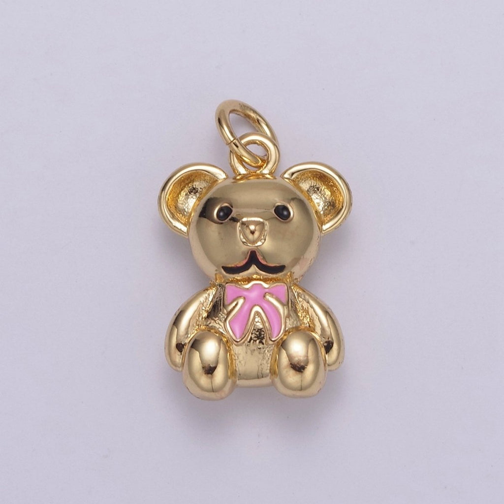 Dainty 14k Gold plated Teddy Bear Charm with Pink / Green Ribbon Mini Bear Pendant for Bracelet Necklace Earring C-206 C-212 - DLUXCA