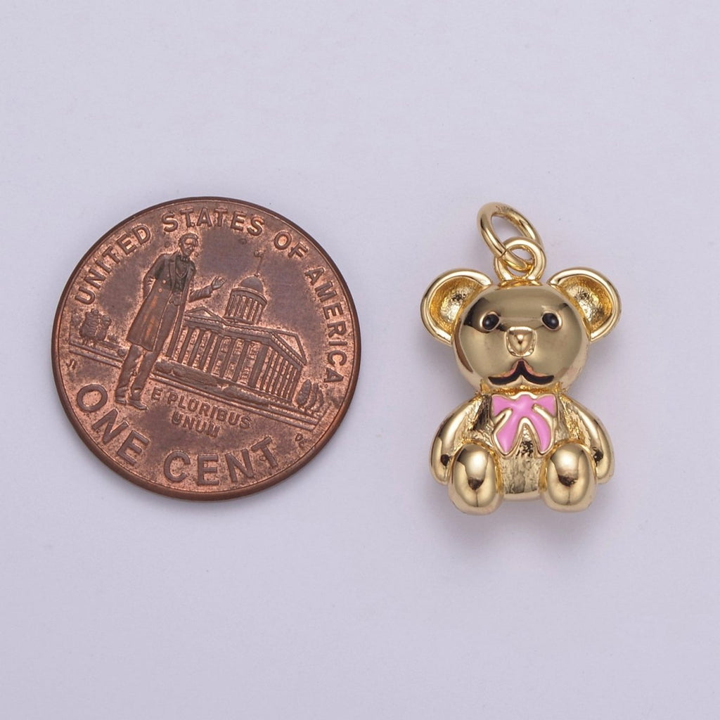 Dainty 14k Gold plated Teddy Bear Charm with Pink / Green Ribbon Mini Bear Pendant for Bracelet Necklace Earring C-206 C-212 - DLUXCA