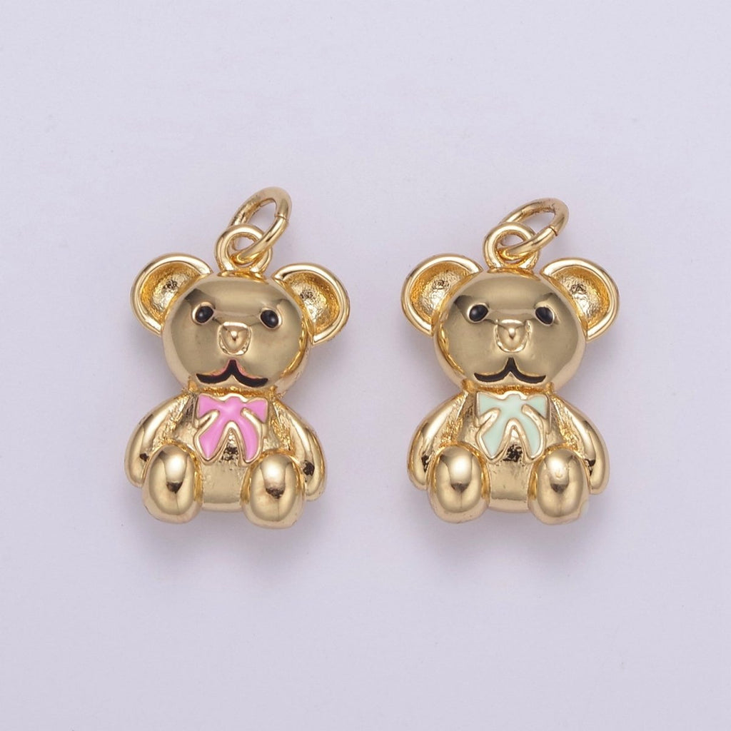 Dainty 14k Gold plated Teddy Bear Charm with Pink / Green Ribbon Mini Bear Pendant for Bracelet Necklace Earring C-206 C-212 - DLUXCA