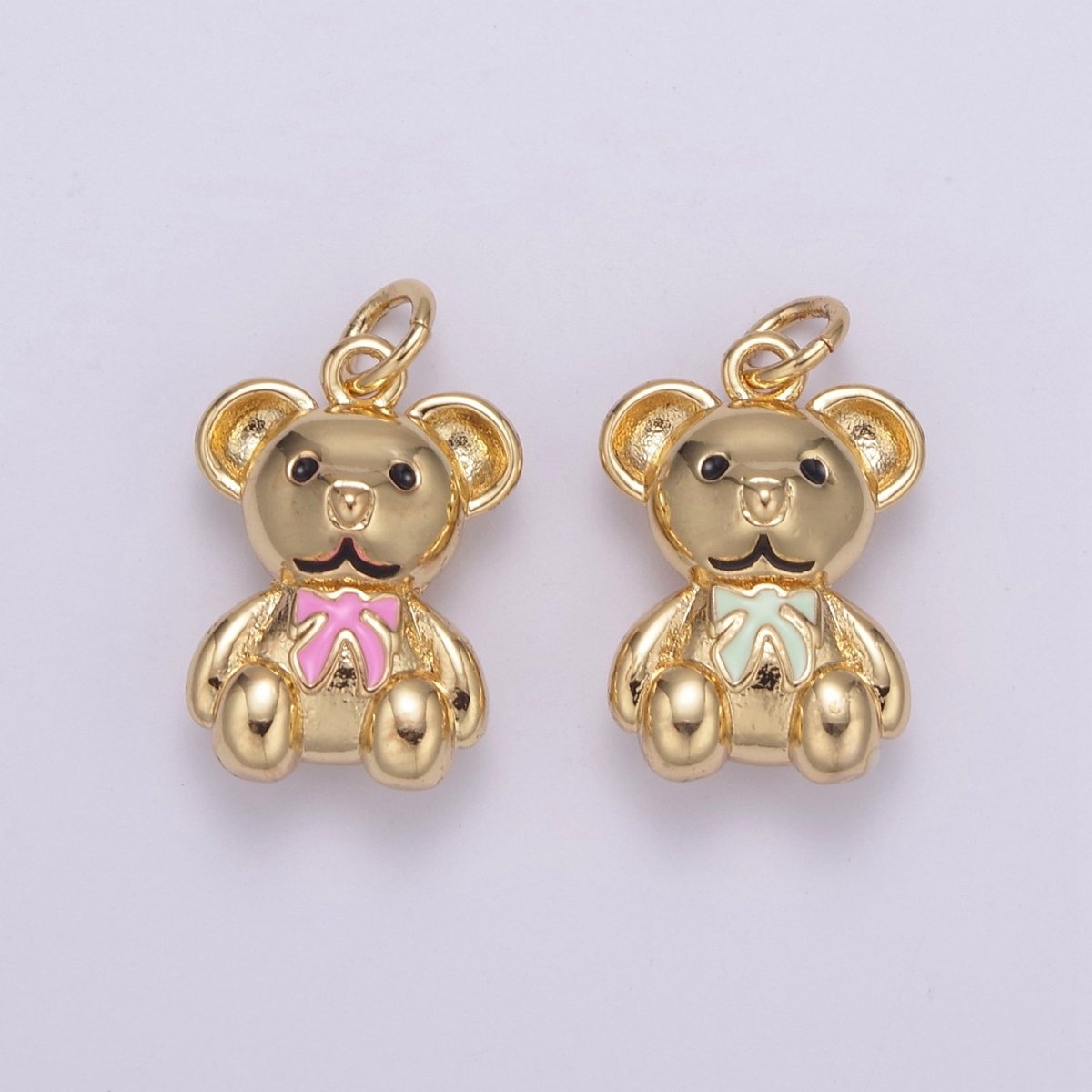 Dainty 14k Gold plated Teddy Bear Charm with Pink / Green Ribbon Mini Bear Pendant for Bracelet Necklace Earring C-206 C-212 - DLUXCA