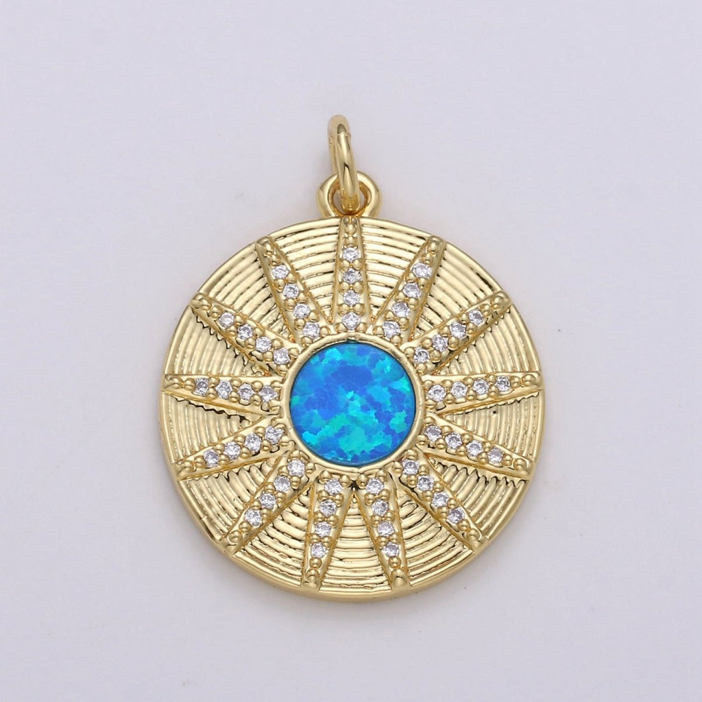 Dainty 14k Gold plated Vergina Sun Charm Blue Opal Round SunBurst Medallion Pendant, 25x20mm, Micro Pave Gold Sun Celestial Jewelry D-472 - DLUXCA
