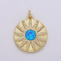 Dainty 14k Gold plated Vergina Sun Charm Blue Opal Round SunBurst Medallion Pendant, 25x20mm, Micro Pave Gold Sun Celestial Jewelry D-472 - DLUXCA