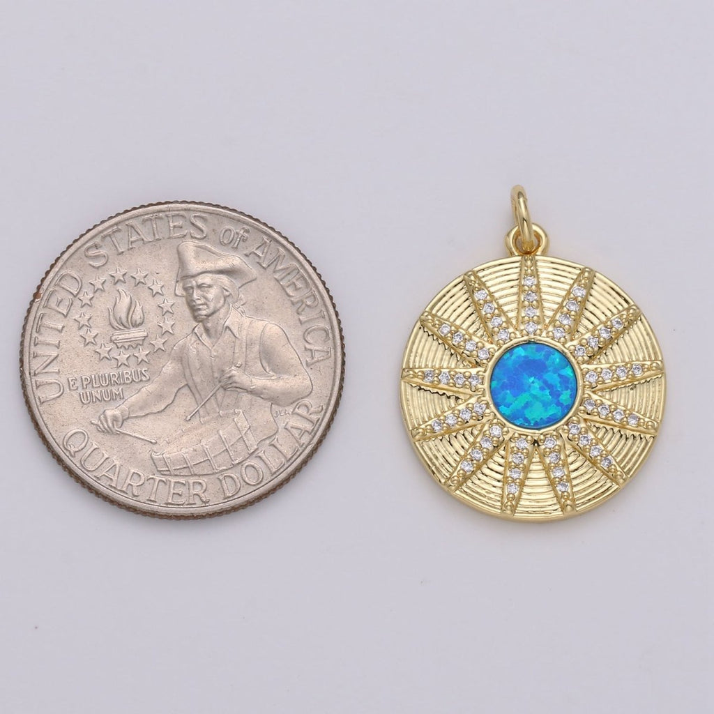 Dainty 14k Gold plated Vergina Sun Charm Blue Opal Round SunBurst Medallion Pendant, 25x20mm, Micro Pave Gold Sun Celestial Jewelry D-472 - DLUXCA