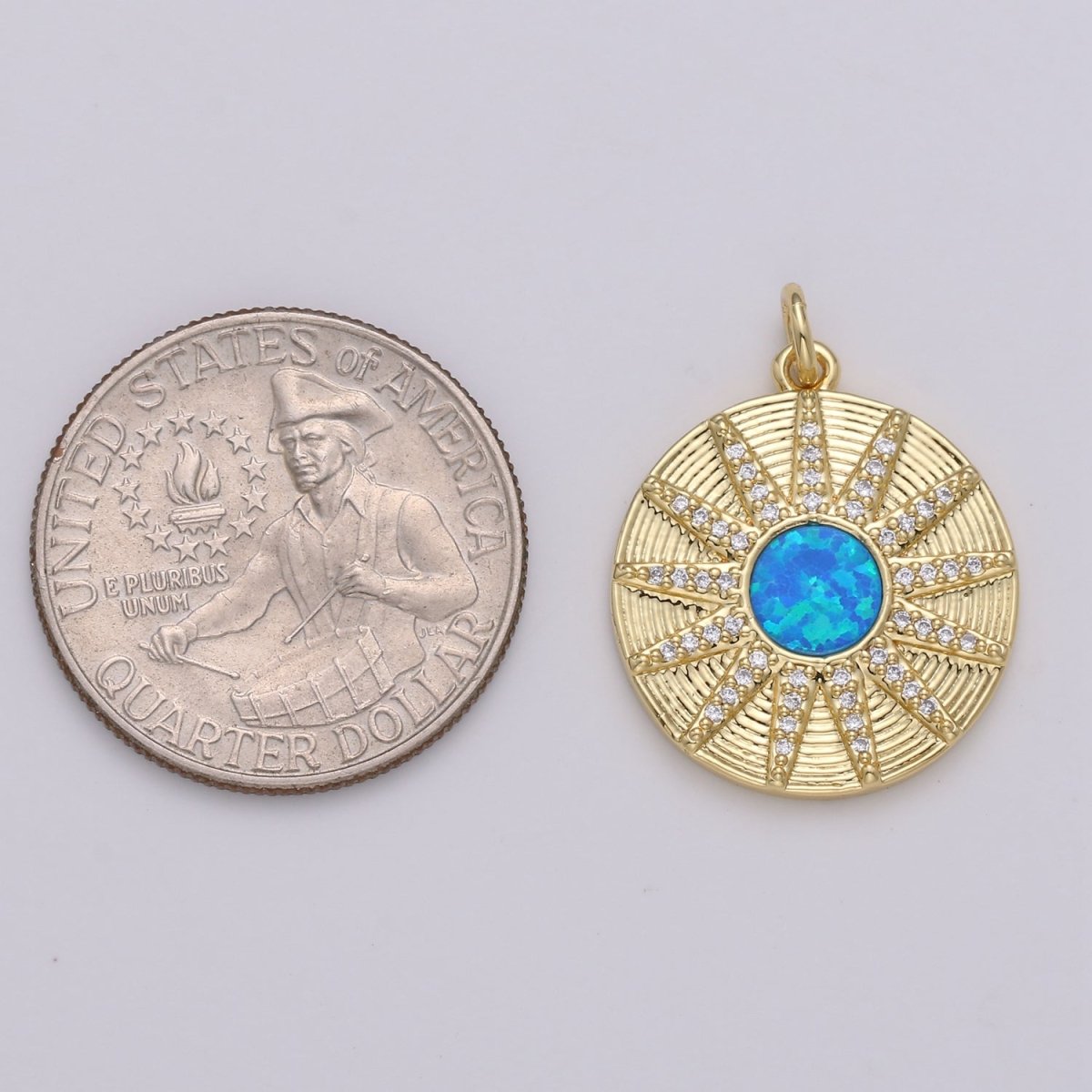 Dainty 14k Gold plated Vergina Sun Charm Blue Opal Round SunBurst Medallion Pendant, 25x20mm, Micro Pave Gold Sun Celestial Jewelry D-472 - DLUXCA