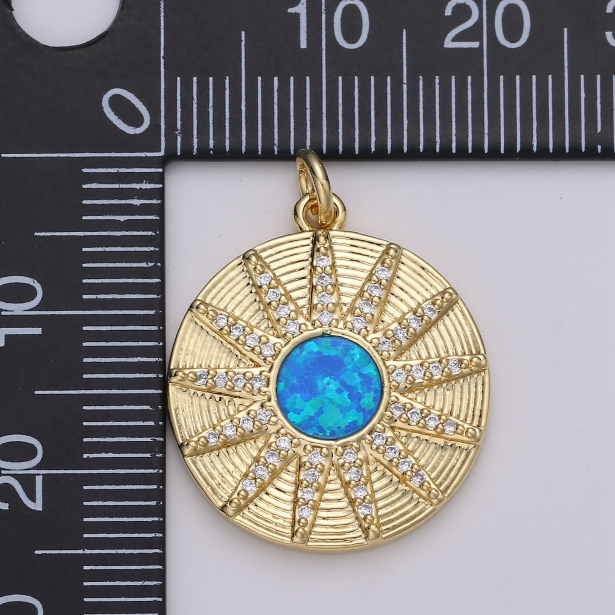 Dainty 14k Gold plated Vergina Sun Charm Blue Opal Round SunBurst Medallion Pendant, 25x20mm, Micro Pave Gold Sun Celestial Jewelry D-472 - DLUXCA