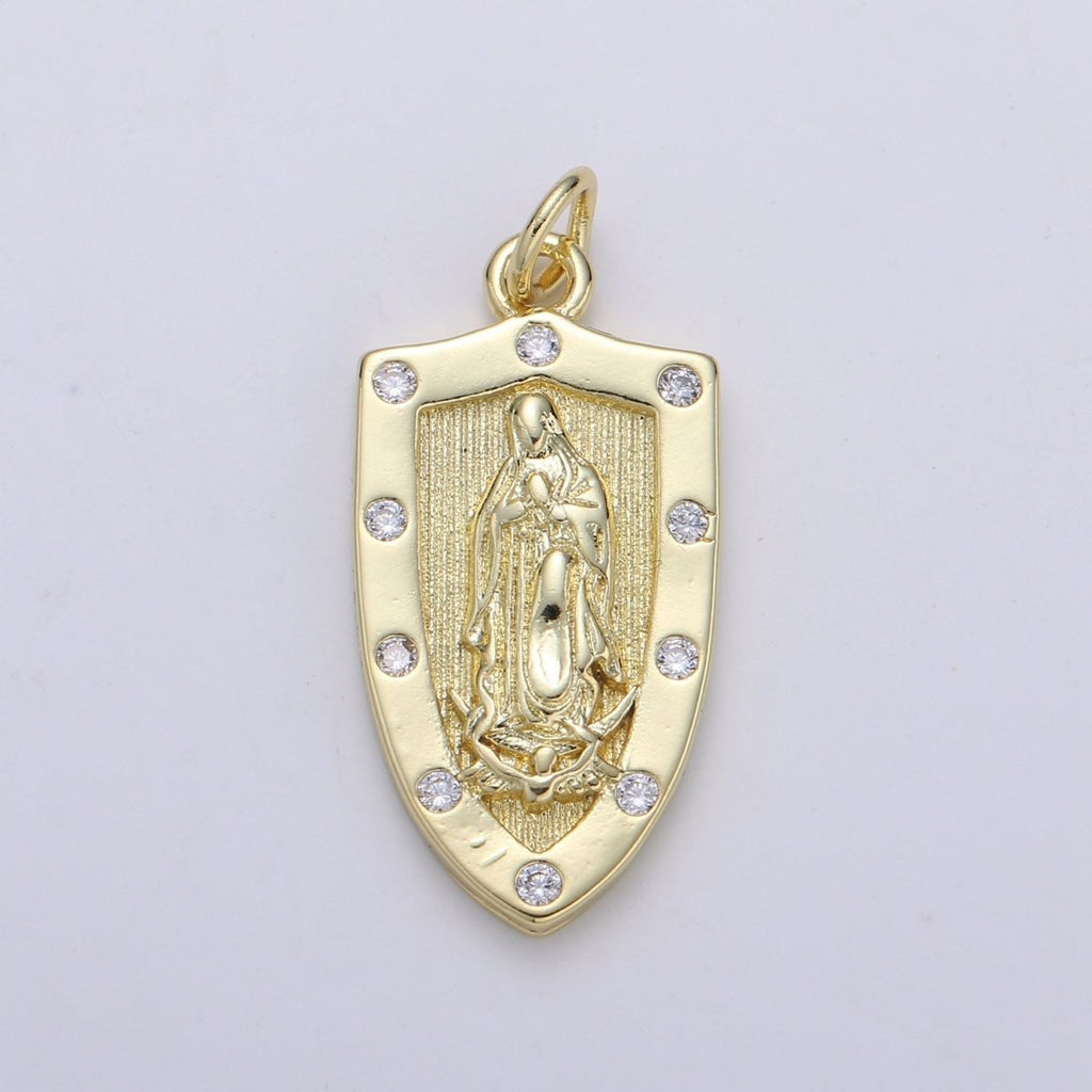 Dainty 14K Gold plated Virgin Mother Mary Charm Antique Style Vintage lady guadalupe Pendant Gold Shield Medallion Charm Reliigous Jewelry,E-108 - DLUXCA