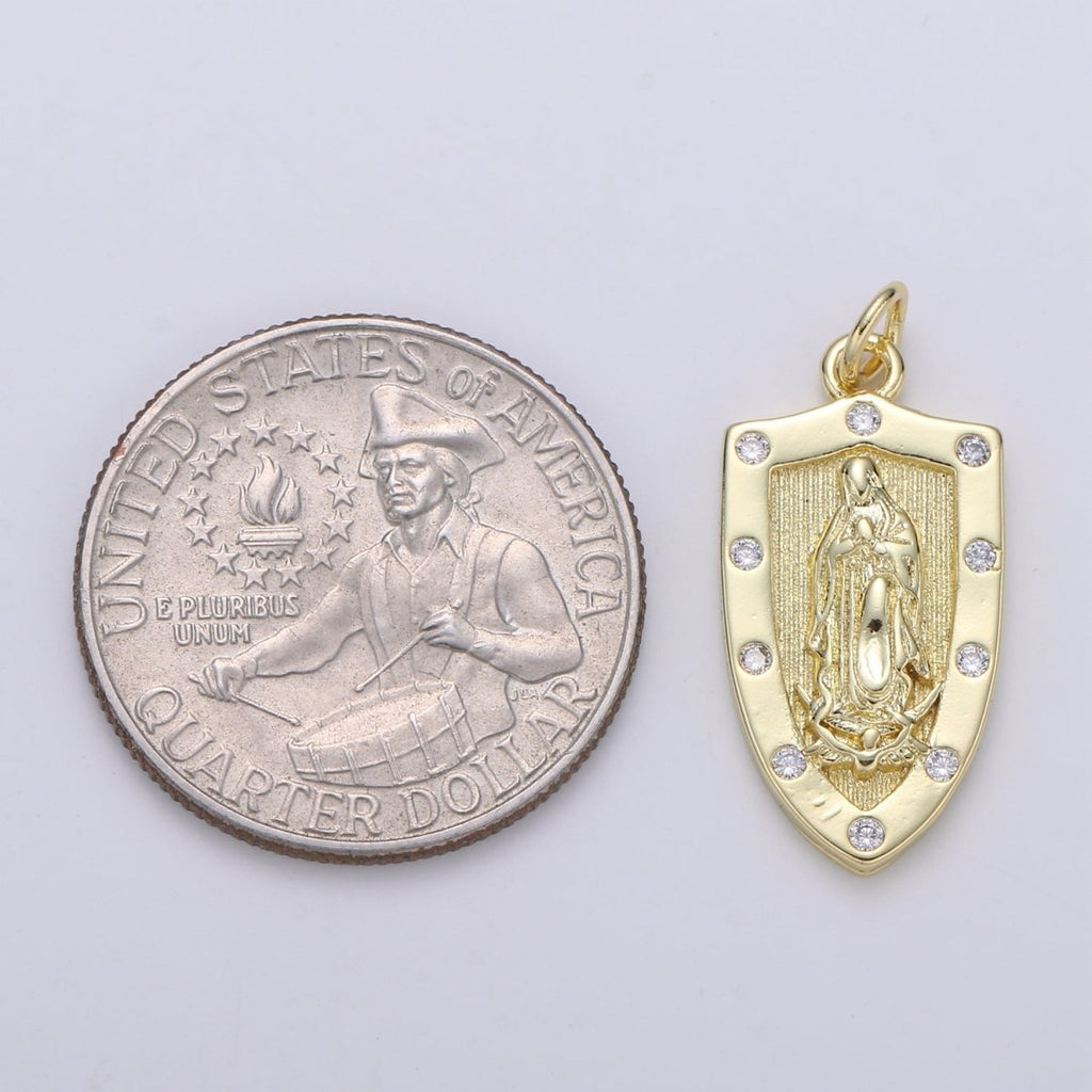 Dainty 14K Gold plated Virgin Mother Mary Charm Antique Style Vintage lady guadalupe Pendant Gold Shield Medallion Charm Reliigous Jewelry,E-108 - DLUXCA