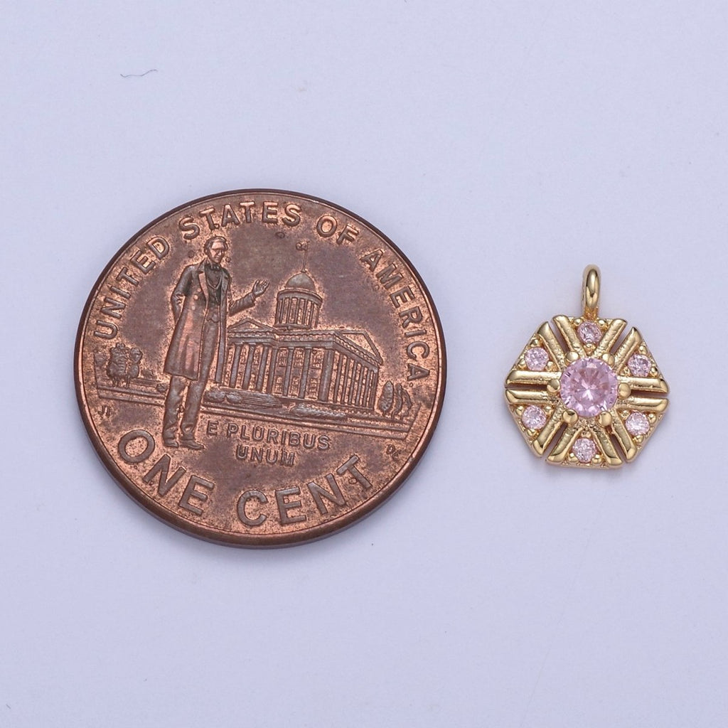 Dainty 16k Gold plated Hexagon Medallion Pendant Gold Pink CZ Charm Necklace Gold Geometric Necklace Celestial Jewelry Charm N-425 - DLUXCA