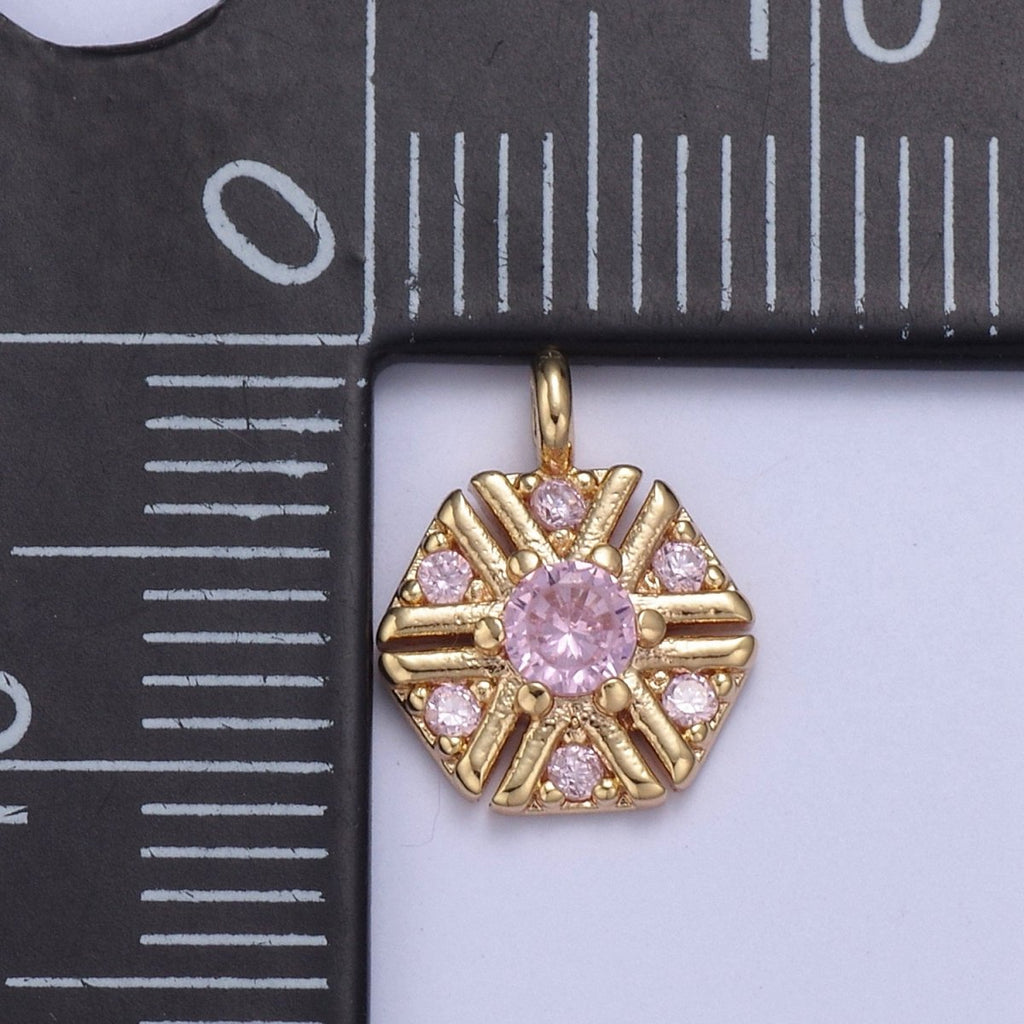 Dainty 16k Gold plated Hexagon Medallion Pendant Gold Pink CZ Charm Necklace Gold Geometric Necklace Celestial Jewelry Charm N-425 - DLUXCA