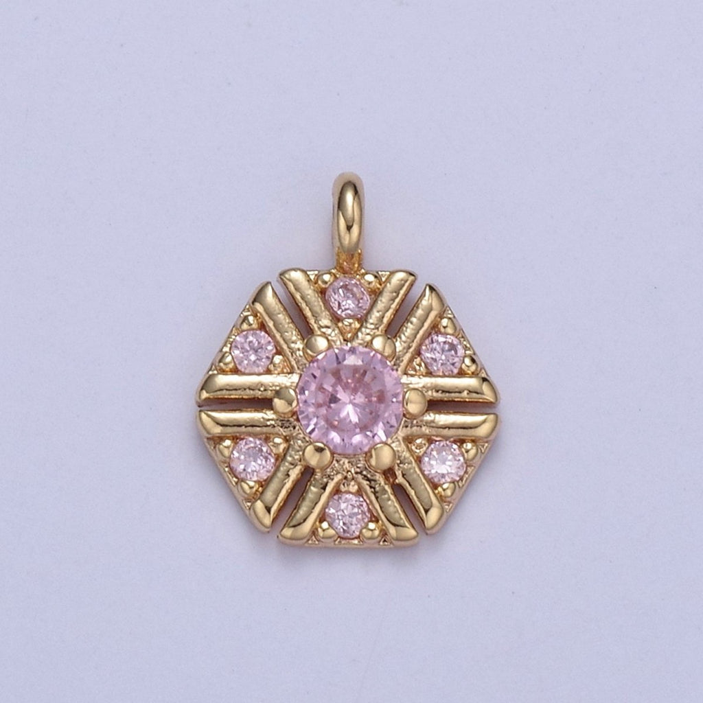 Dainty 16k Gold plated Hexagon Medallion Pendant Gold Pink CZ Charm Necklace Gold Geometric Necklace Celestial Jewelry Charm N-425 - DLUXCA