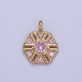 Dainty 16k Gold plated Hexagon Medallion Pendant Gold Pink CZ Charm Necklace Gold Geometric Necklace Celestial Jewelry Charm N-425 - DLUXCA