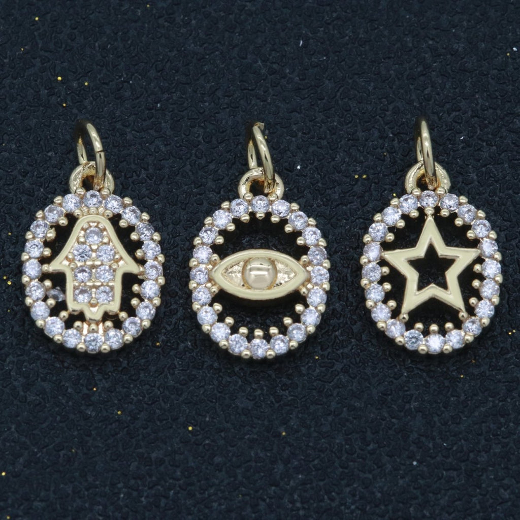 Dainty 18k Gold plated Hamsa Hand / Evil Eye / Star Charm Micro Pave Mini Medallion Pendant for bracelet necklace earring Minimalist Jewelry M-750 - M-752