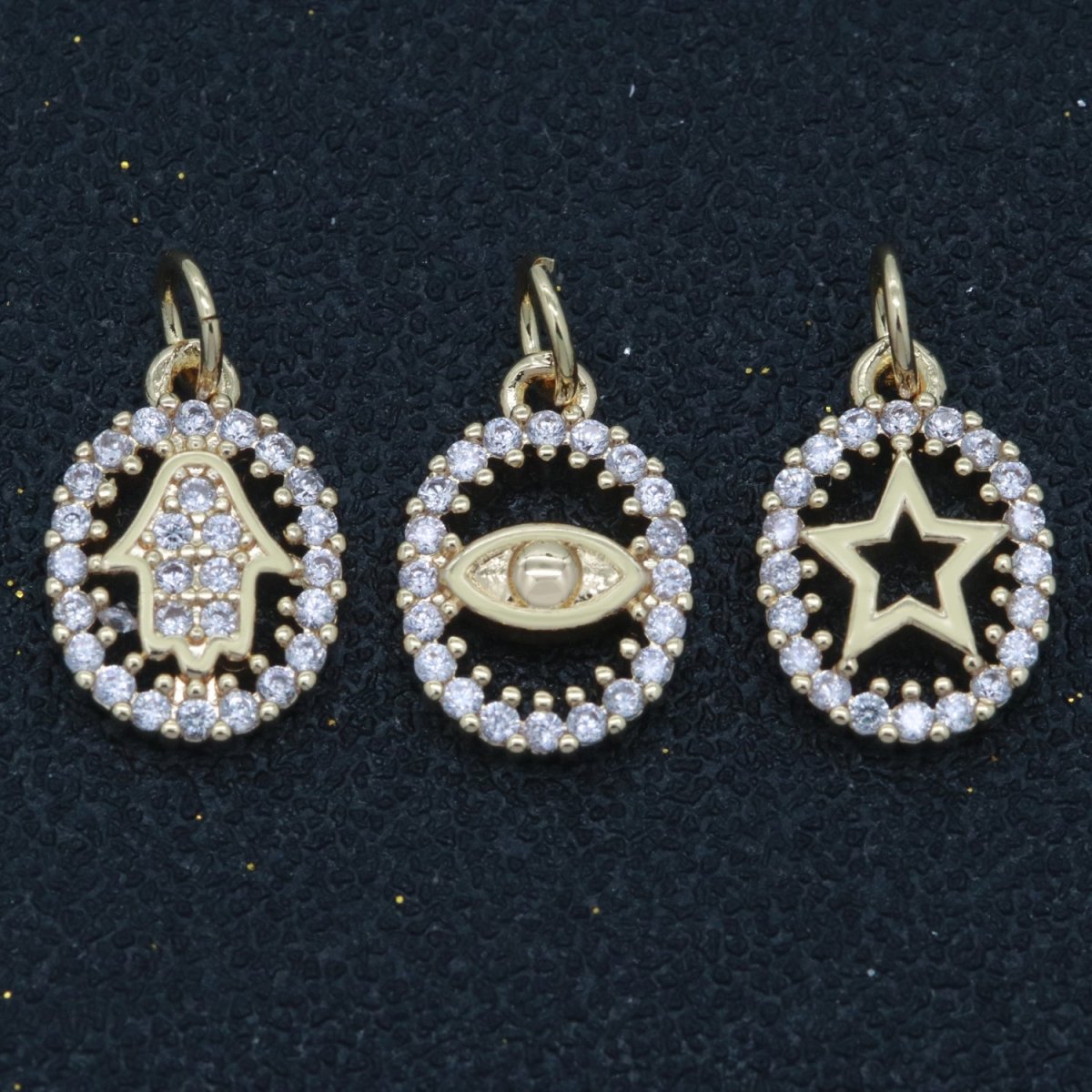 Dainty 18k Gold plated Hamsa Hand / Evil Eye / Star Charm Micro Pave Mini Medallion Pendant for bracelet necklace earring Minimalist Jewelry M-750 - M-752