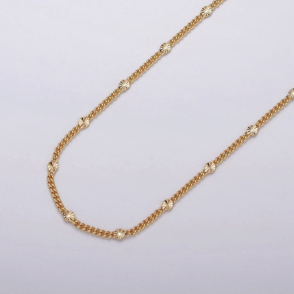 Dainty 24k Gold plated 1.5mm Curb Sunburst Link Unique Unfinished Chain by Yard in Gold & Silver | ROLL-1030, ROLL-1093 Clearance Pricing - DLUXCA