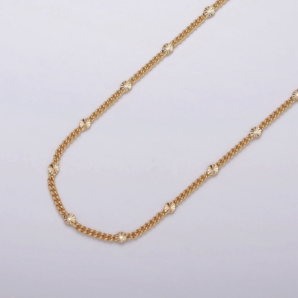 Dainty 24k Gold plated 1.5mm Curb Sunburst Link Unique Unfinished Chain by Yard in Gold & Silver | ROLL-1030, ROLL-1093 Clearance Pricing - DLUXCA