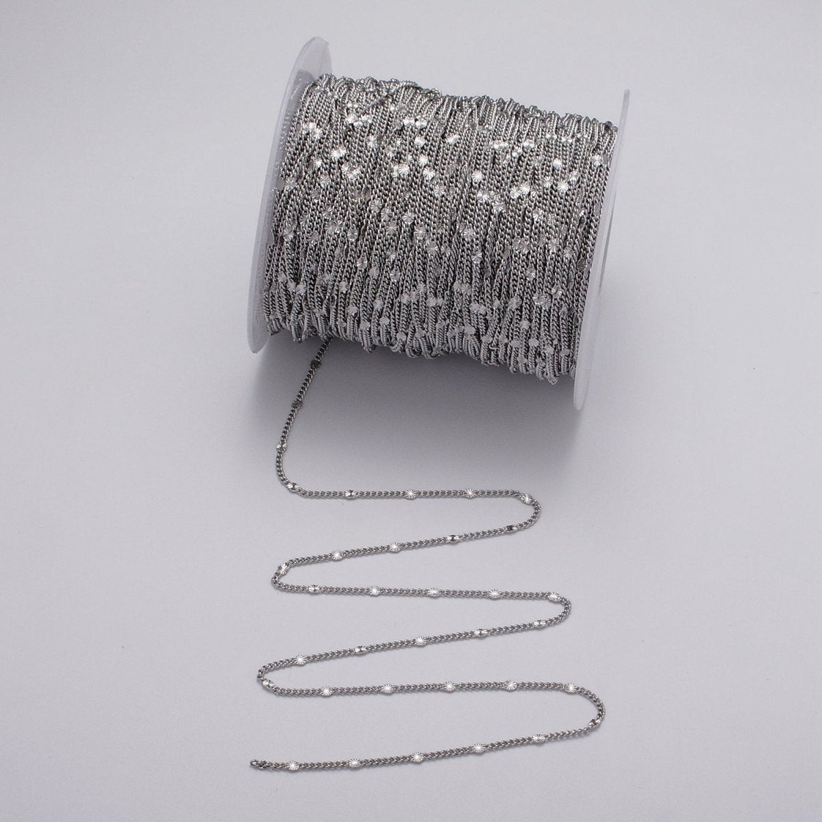 Dainty 24k Gold plated 1.5mm Curb Sunburst Link Unique Unfinished Chain by Yard in Gold & Silver | ROLL-1030, ROLL-1093 Clearance Pricing - DLUXCA