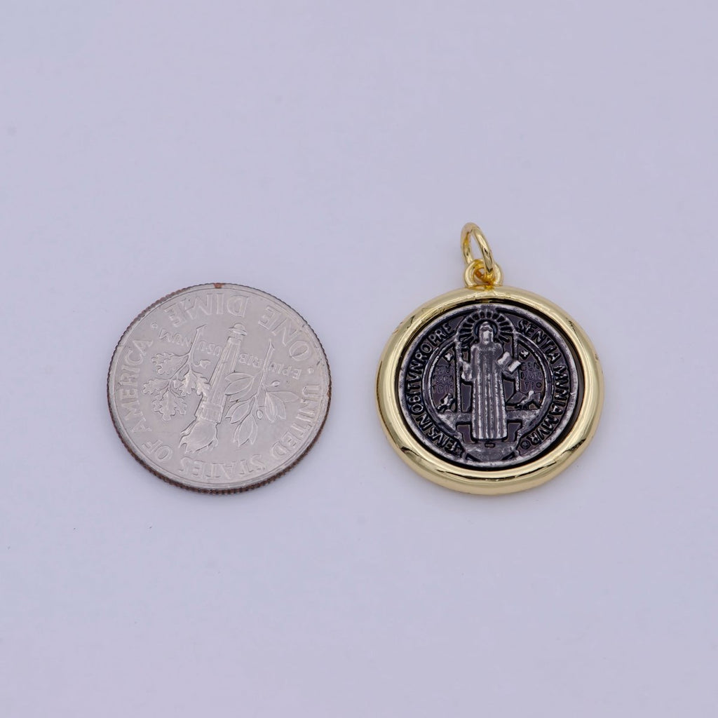 Dainty 24k Gold plated Coin Saint Benedict Charm Religious Medallion Bracelet Necklace Pendant Earring Findings for Jewelry Making E-123 - DLUXCA