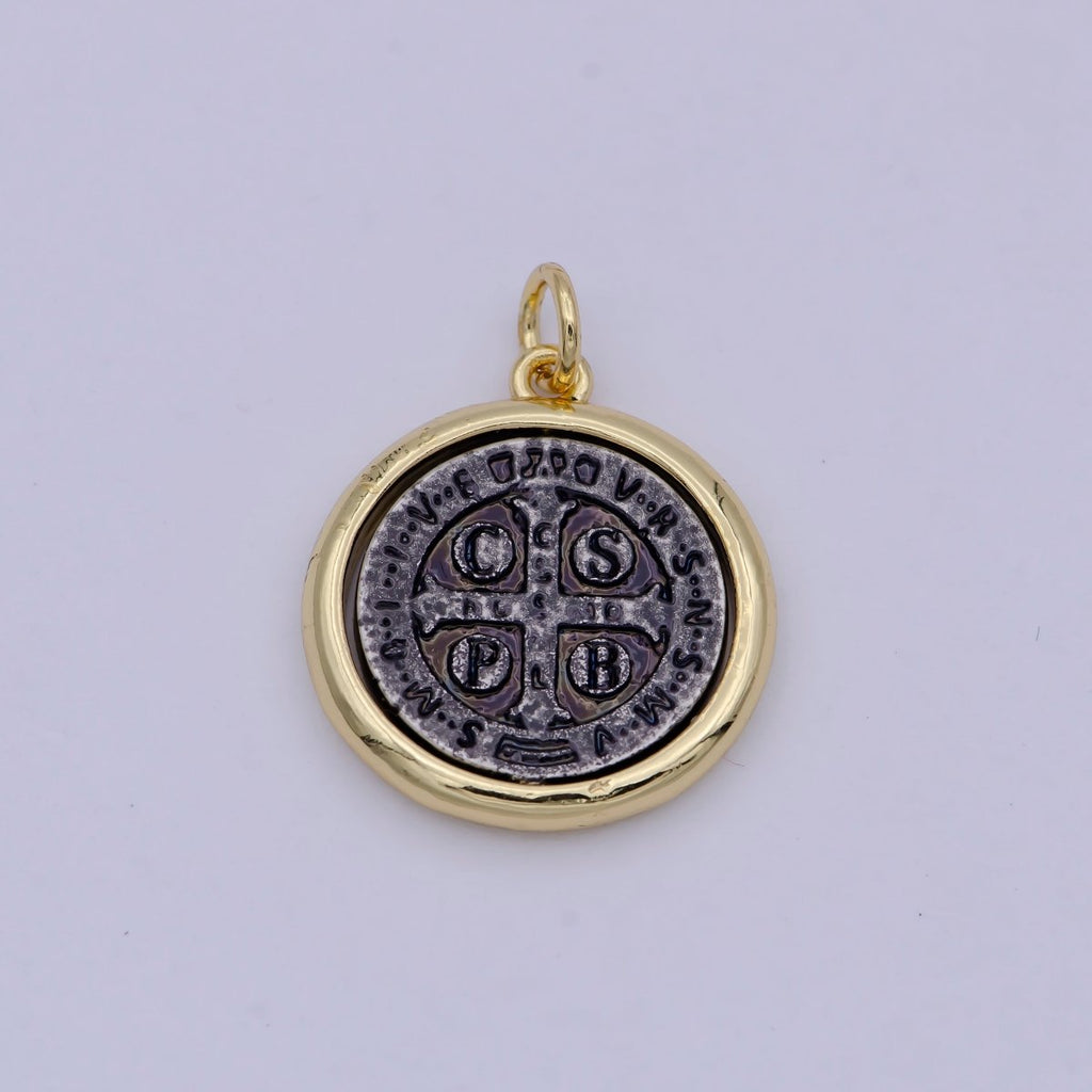 Dainty 24k Gold plated Coin Saint Benedict Charm Religious Medallion Bracelet Necklace Pendant Earring Findings for Jewelry Making E-123 - DLUXCA