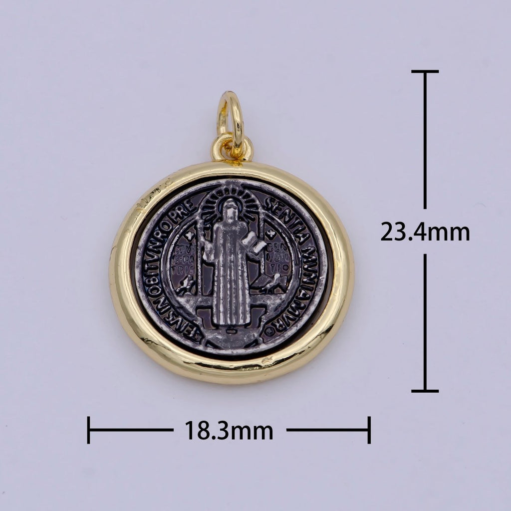 Dainty 24k Gold plated Coin Saint Benedict Charm Religious Medallion Bracelet Necklace Pendant Earring Findings for Jewelry Making E-123 - DLUXCA