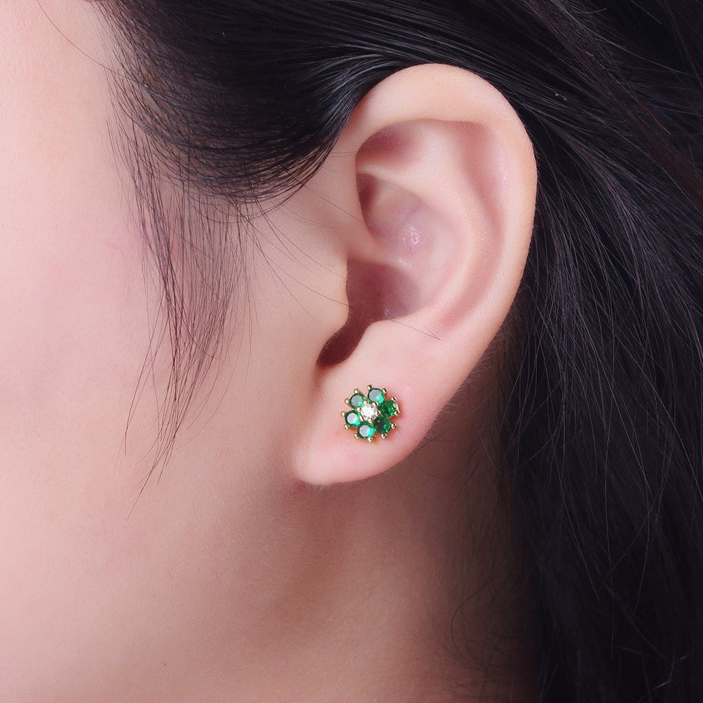 Dainty 24K Gold plated Emerald Green & Clear Cubic Zirconia Flower Stud Earrings | X-859 - DLUXCA