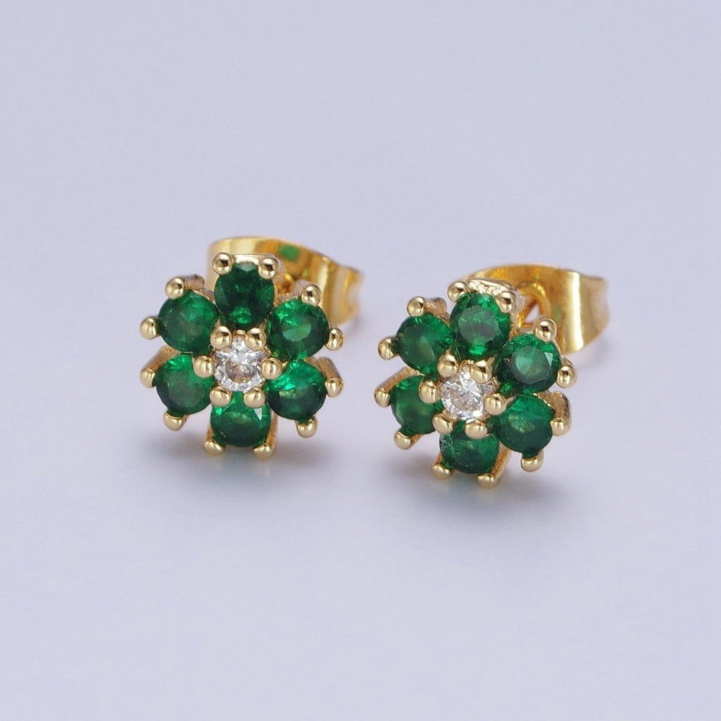 Dainty 24K Gold plated Emerald Green & Clear Cubic Zirconia Flower Stud Earrings | X-859 - DLUXCA