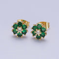 Dainty 24K Gold plated Emerald Green & Clear Cubic Zirconia Flower Stud Earrings | X-859 - DLUXCA