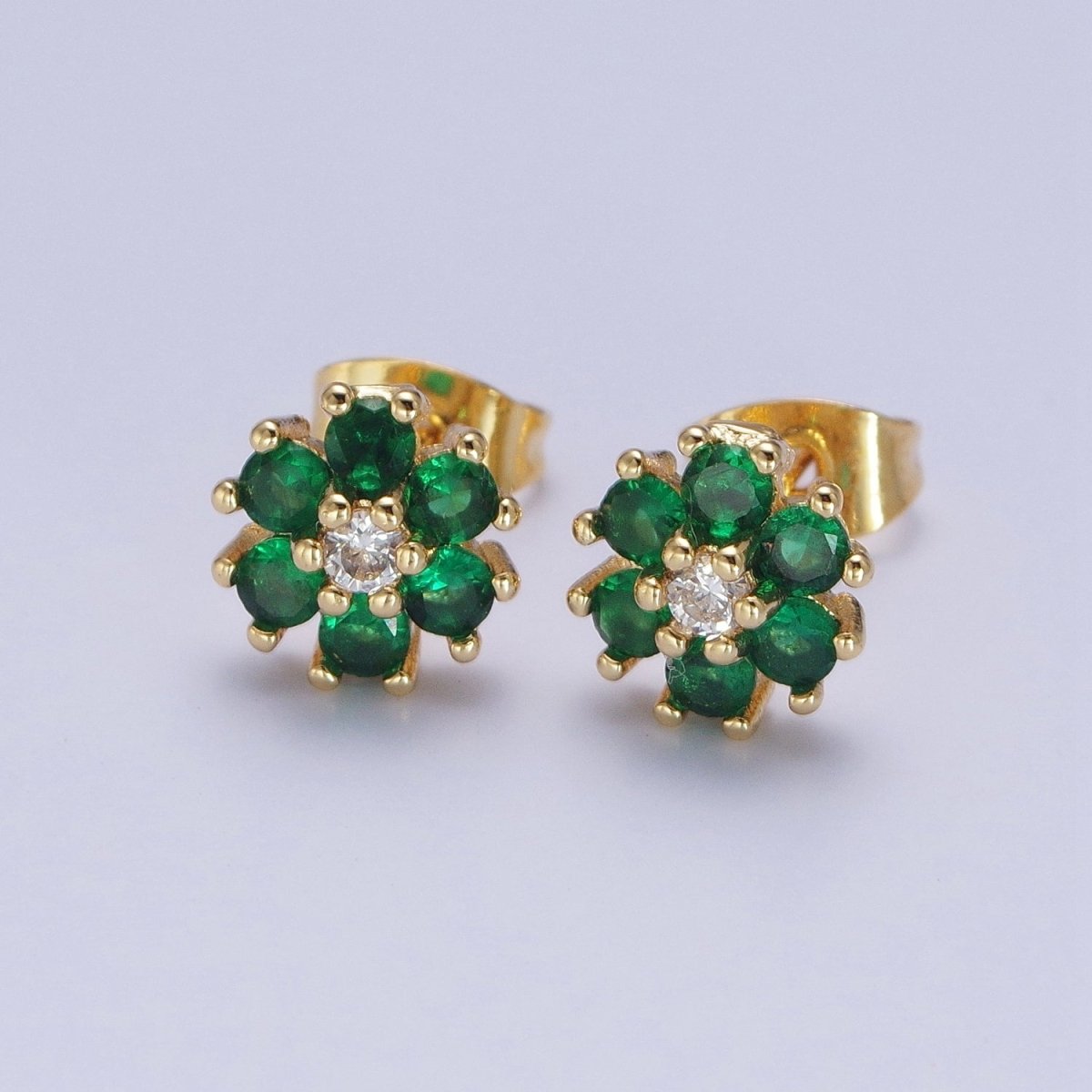 Dainty 24K Gold plated Emerald Green & Clear Cubic Zirconia Flower Stud Earrings | X-859 - DLUXCA
