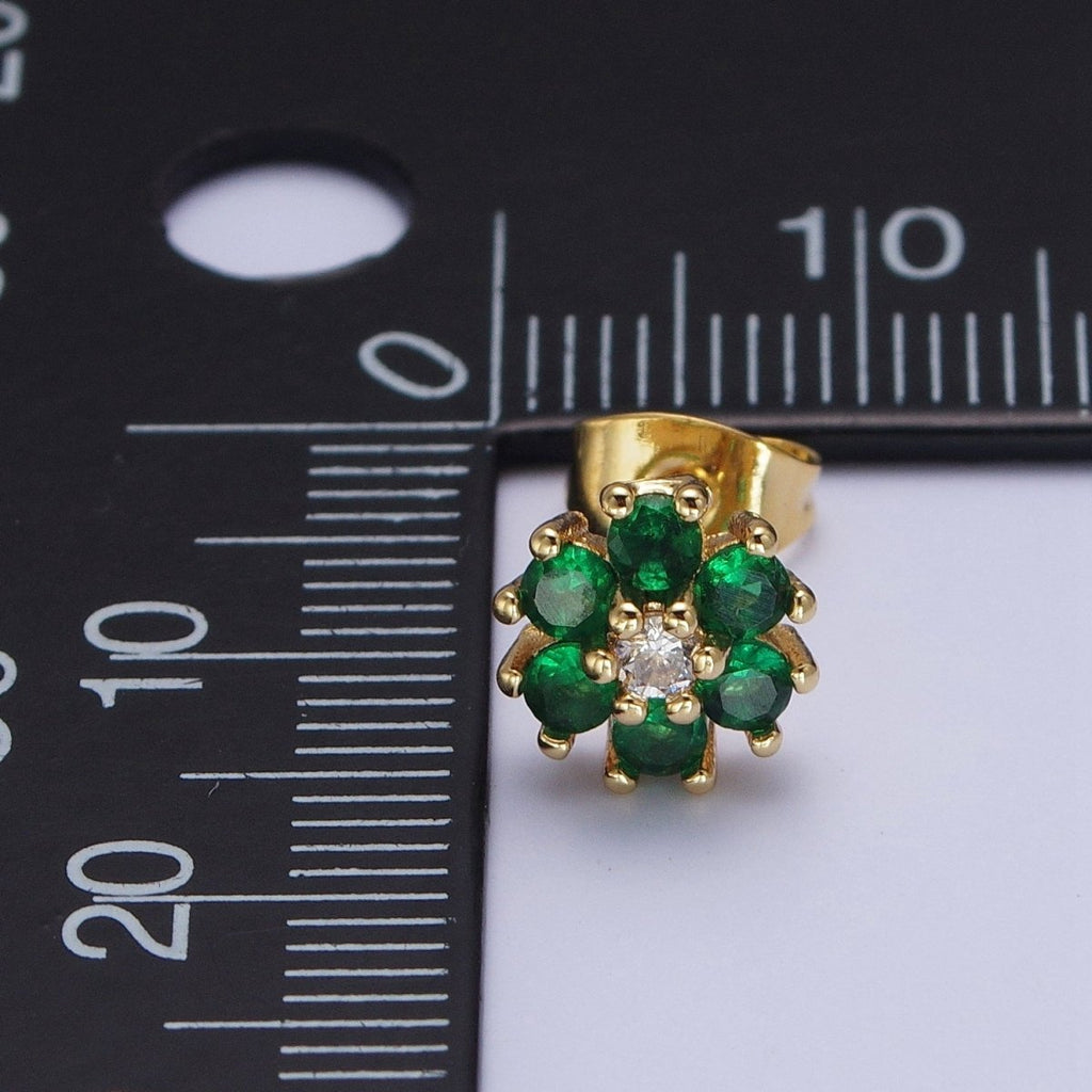 Dainty 24K Gold plated Emerald Green & Clear Cubic Zirconia Flower Stud Earrings | X-859 - DLUXCA