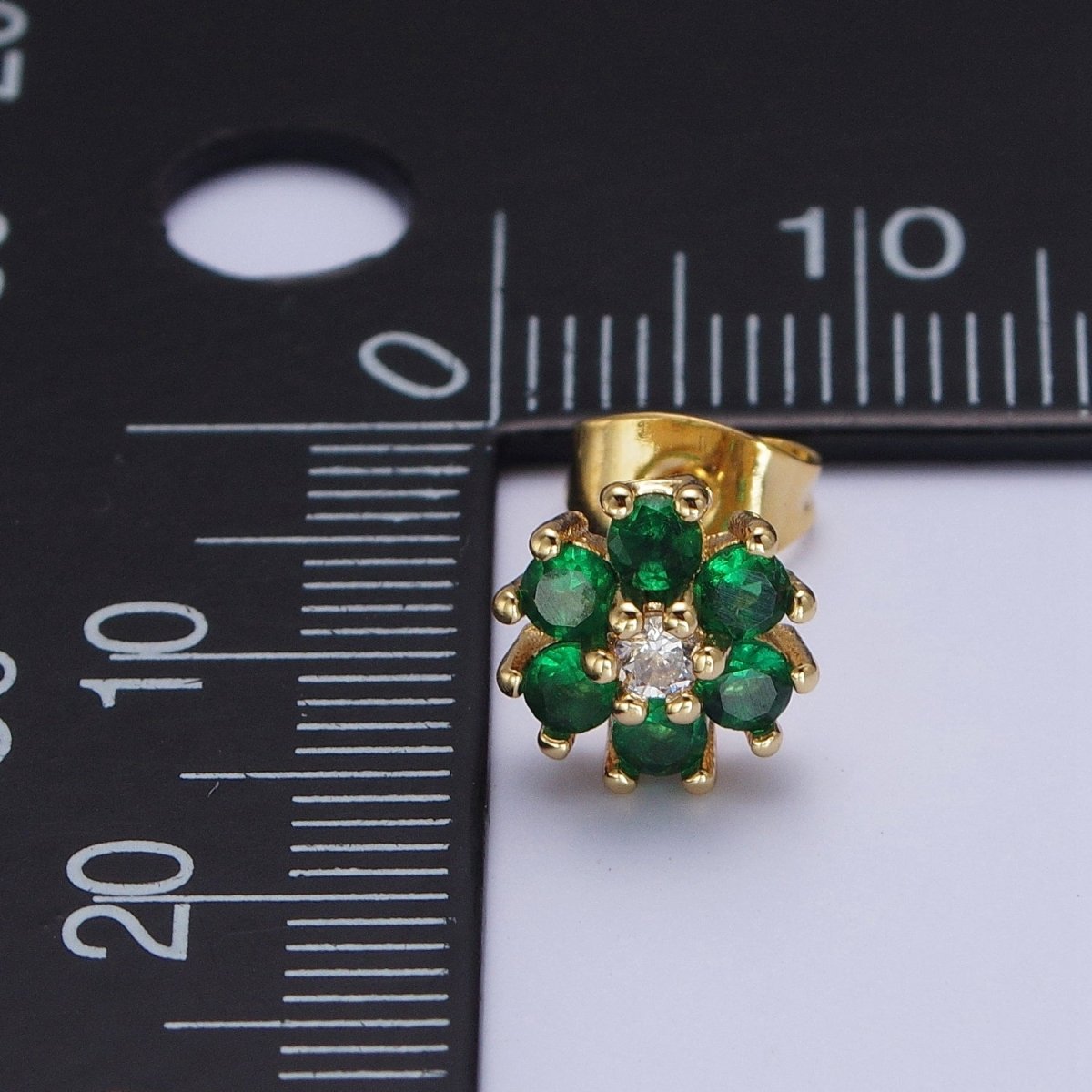 Dainty 24K Gold plated Emerald Green & Clear Cubic Zirconia Flower Stud Earrings | X-859 - DLUXCA