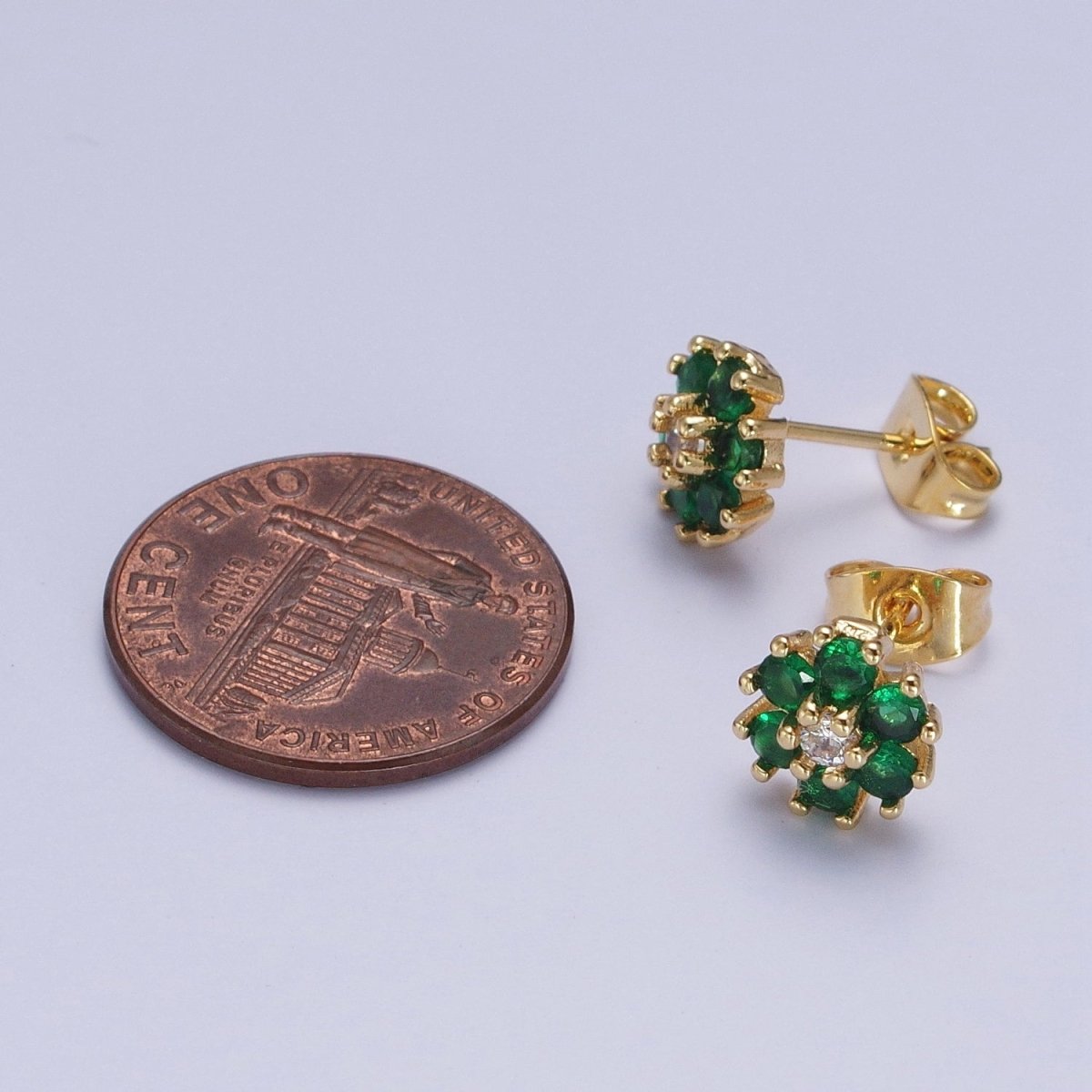 Dainty 24K Gold plated Emerald Green & Clear Cubic Zirconia Flower Stud Earrings | X-859 - DLUXCA