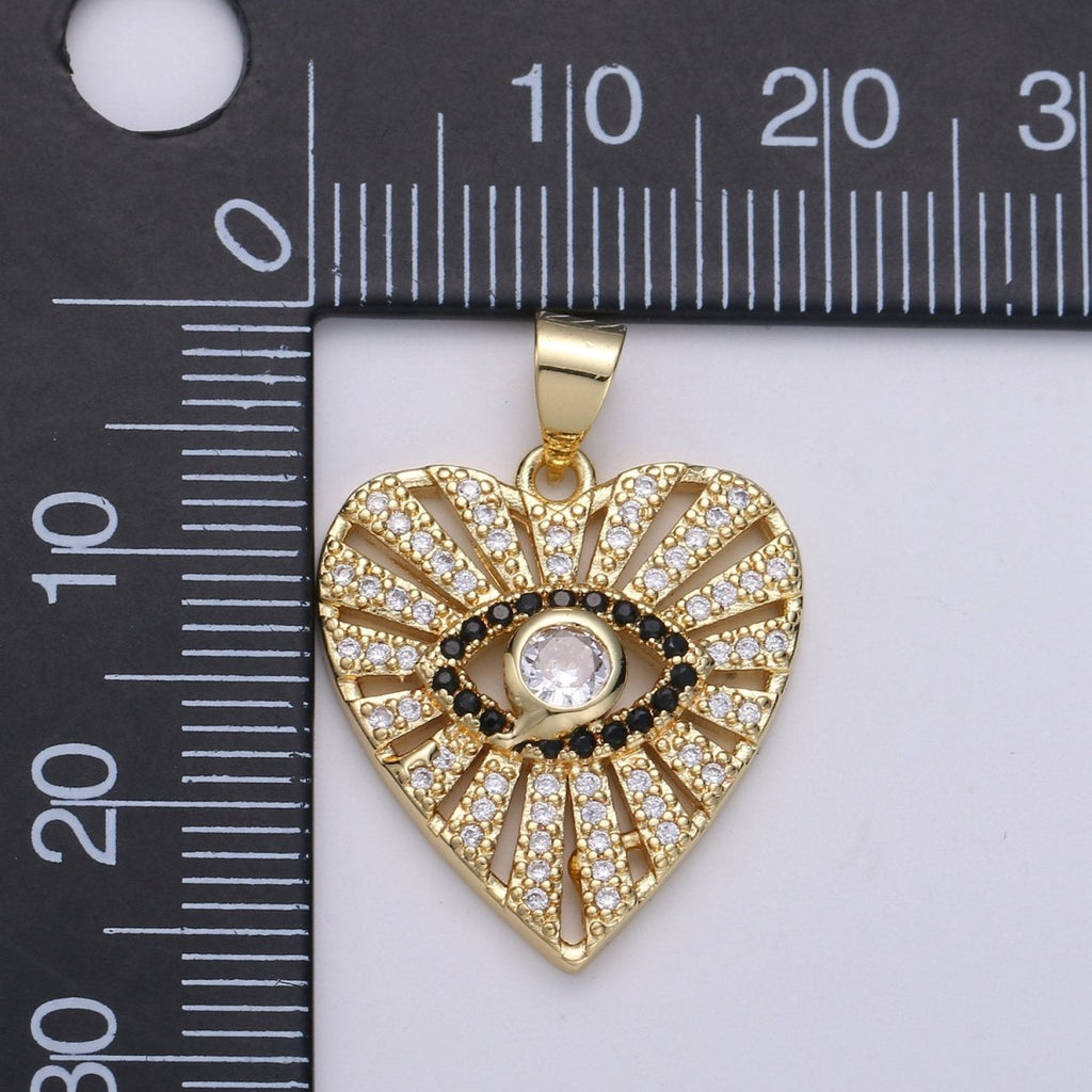 Dainty 24k Gold plated Evil Eye Charm - Gold Heart SunBurst Charm, Amulet pendant, Protection Jewelry for Necklace Bracelet Component I-860 I-861