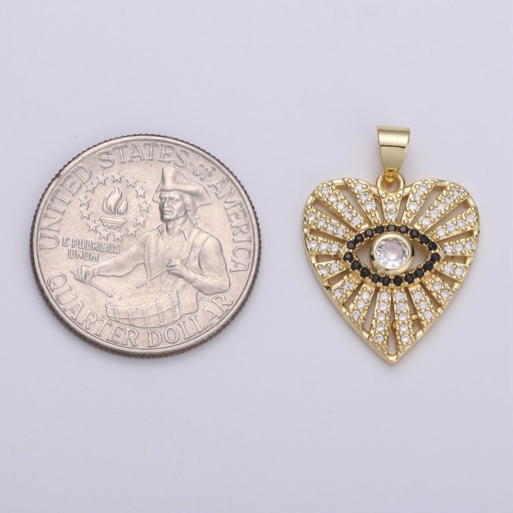 Dainty 24k Gold plated Evil Eye Charm - Gold Heart SunBurst Charm, Amulet pendant, Protection Jewelry for Necklace Bracelet Component I-860 I-861