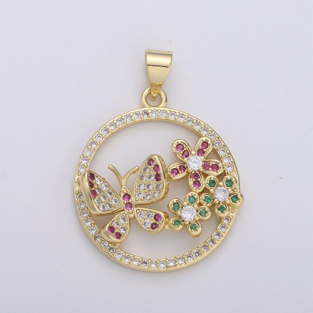 Dainty 24k Gold plated Micro Pave Butterfly Charm, Cubic Zirconia Round Circle Pendant Charm, Gold plated Charm, For DIY Jewelry I-874 - DLUXCA