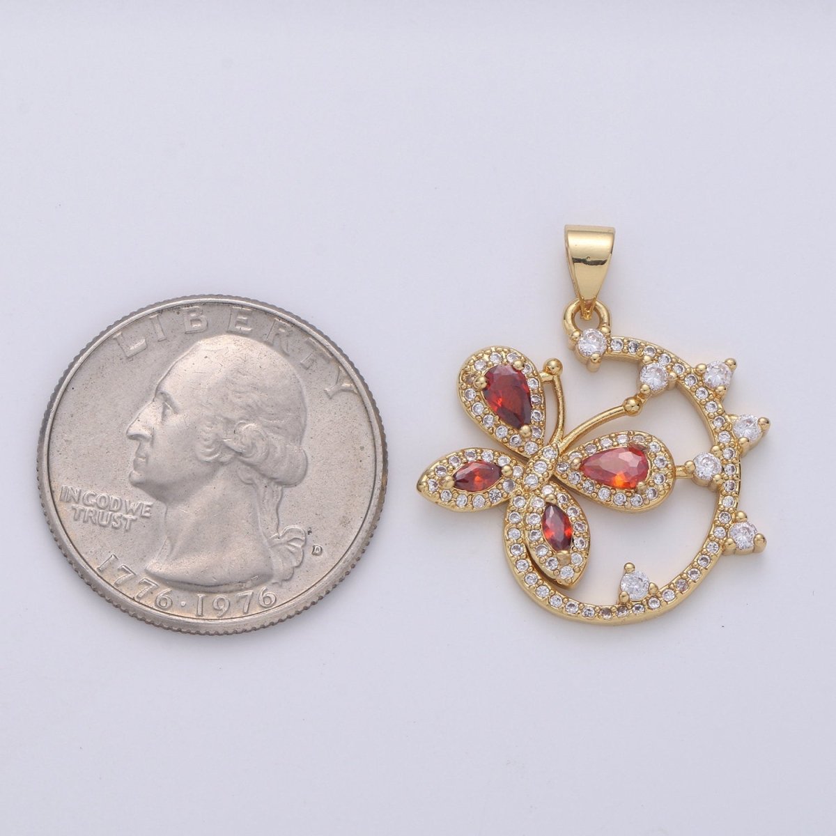 Dainty 24k Gold plated Micro Pave Butterfly Charm, Ruby Cubic Zirconia Round Circle Pendant Charm, Gold plated Charm, For DIY Jewelry I-852 - DLUXCA
