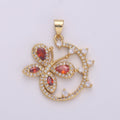 Dainty 24k Gold plated Micro Pave Butterfly Charm, Ruby Cubic Zirconia Round Circle Pendant Charm, Gold plated Charm, For DIY Jewelry I-852 - DLUXCA