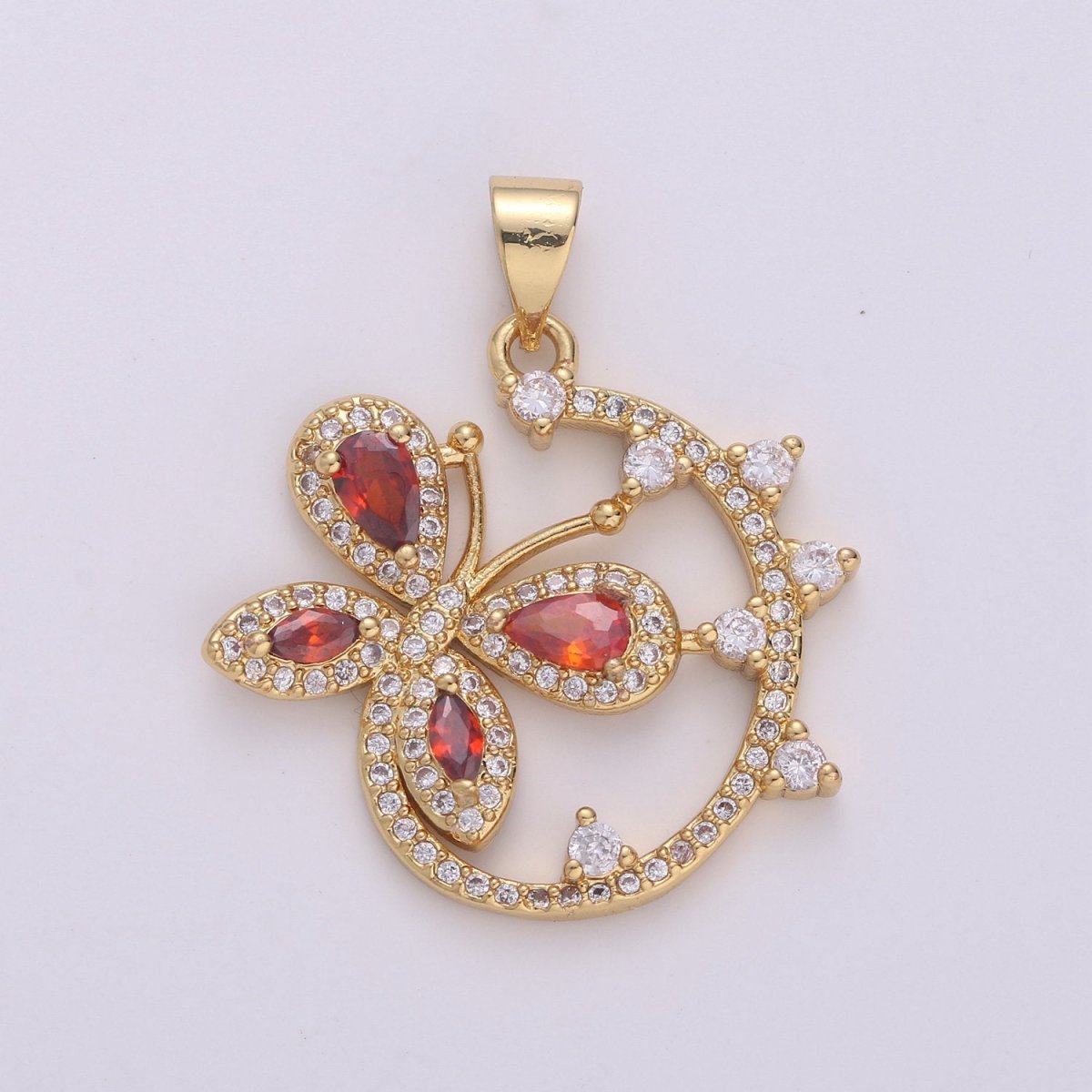 Dainty 24k Gold plated Micro Pave Butterfly Charm, Ruby Cubic Zirconia Round Circle Pendant Charm, Gold plated Charm, For DIY Jewelry I-852 - DLUXCA
